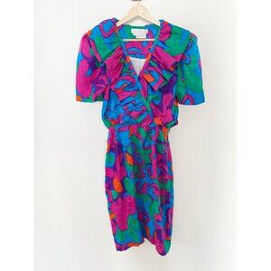 Vintage Flora Kung II Silk Dress Bright Rainbow 80s 90s